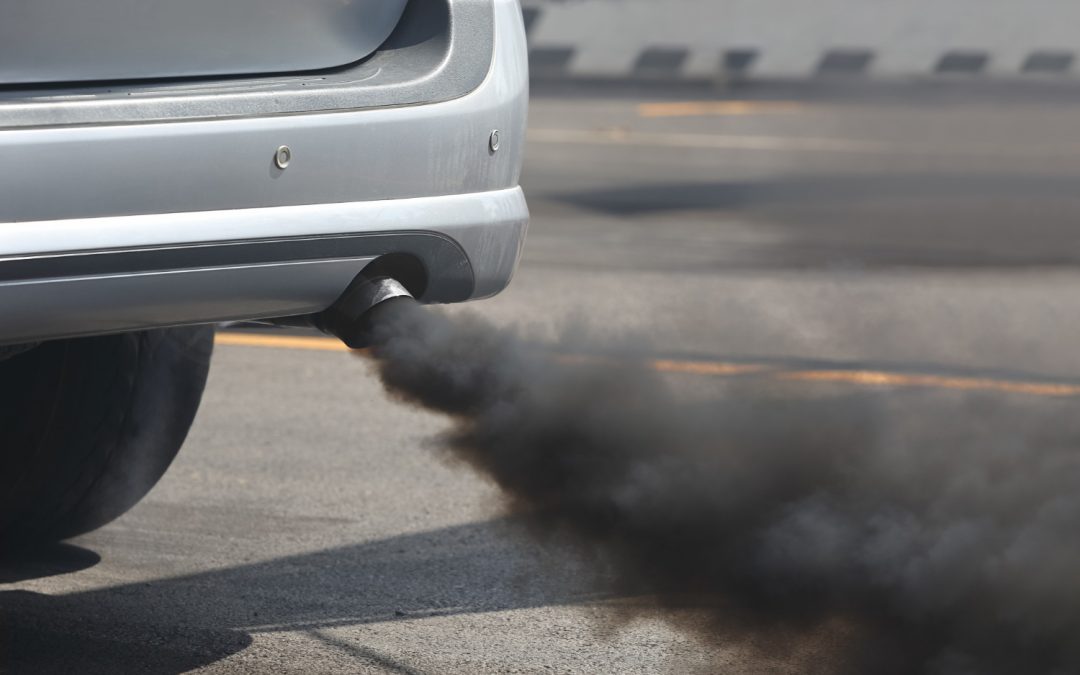 A car exhaust emits thick black smoke onto a paved road.